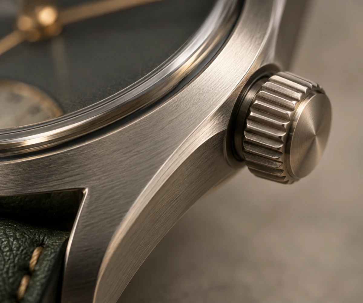 Macro view of a brushed steel watch case, ridged crown and sapphire crystal edge.